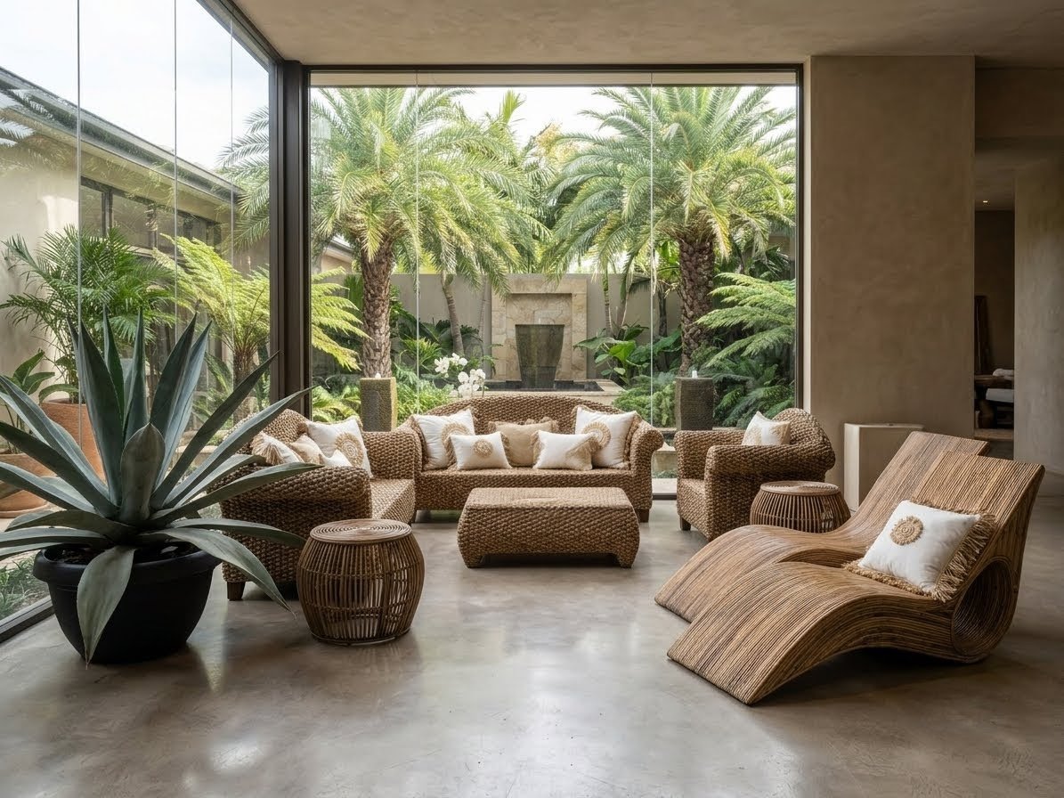 Intérieur contemporain avec salon en fibres naturelles tressées et chaise longue en rotin