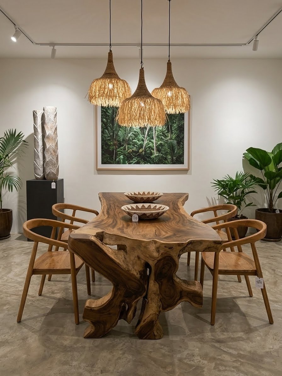 Salle à manger avec table en suar massif, chaises en teck sculptées et suspensions en raphia