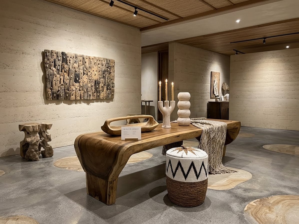 Table basse en suar sculpté, panneau mural en bois flotté et poufs en fibres tressées