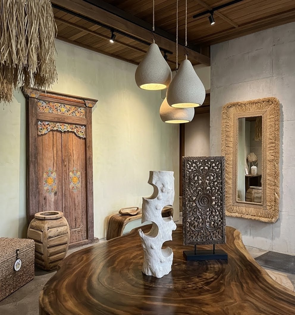 Grande table en suar, porte balinaise sculptée, miroir en raphia et suspensions artisanales