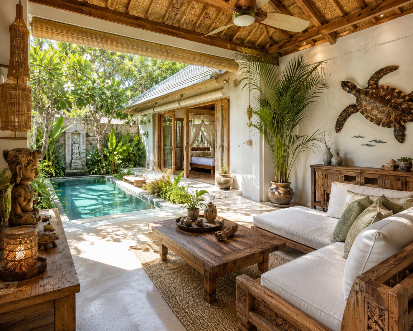 Terrasse balinaise avec piscine, mobilier en teck, tortue en bois flotté et palmier