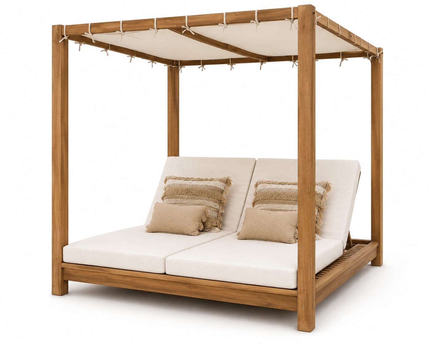 Lit baldaquin double en teck avec voile d'ombrage et matelas écru
