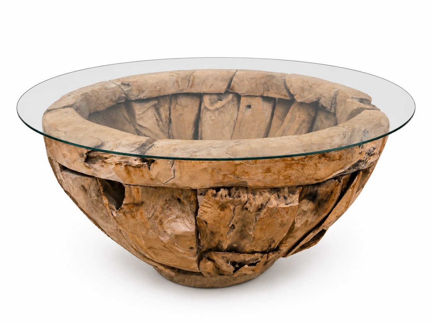 Table basse en racine de bois flotté avec plateau rond en verre