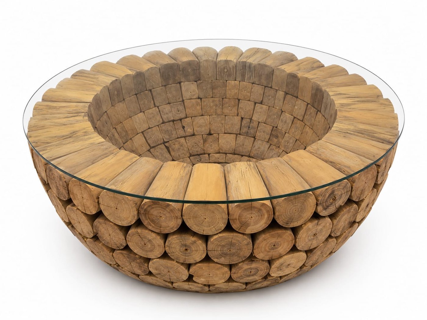 Table basse ronde en rondins de teck avec plateau en verre